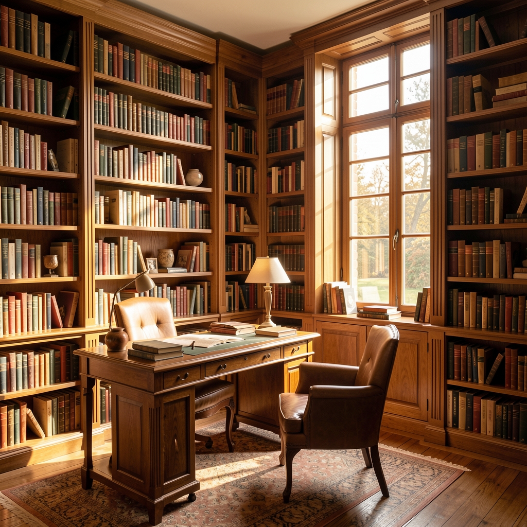 Sunlit interior of a well-organized private library with wooden shelves full of books, a reading desk, and tall windows letting in warm afternoon light