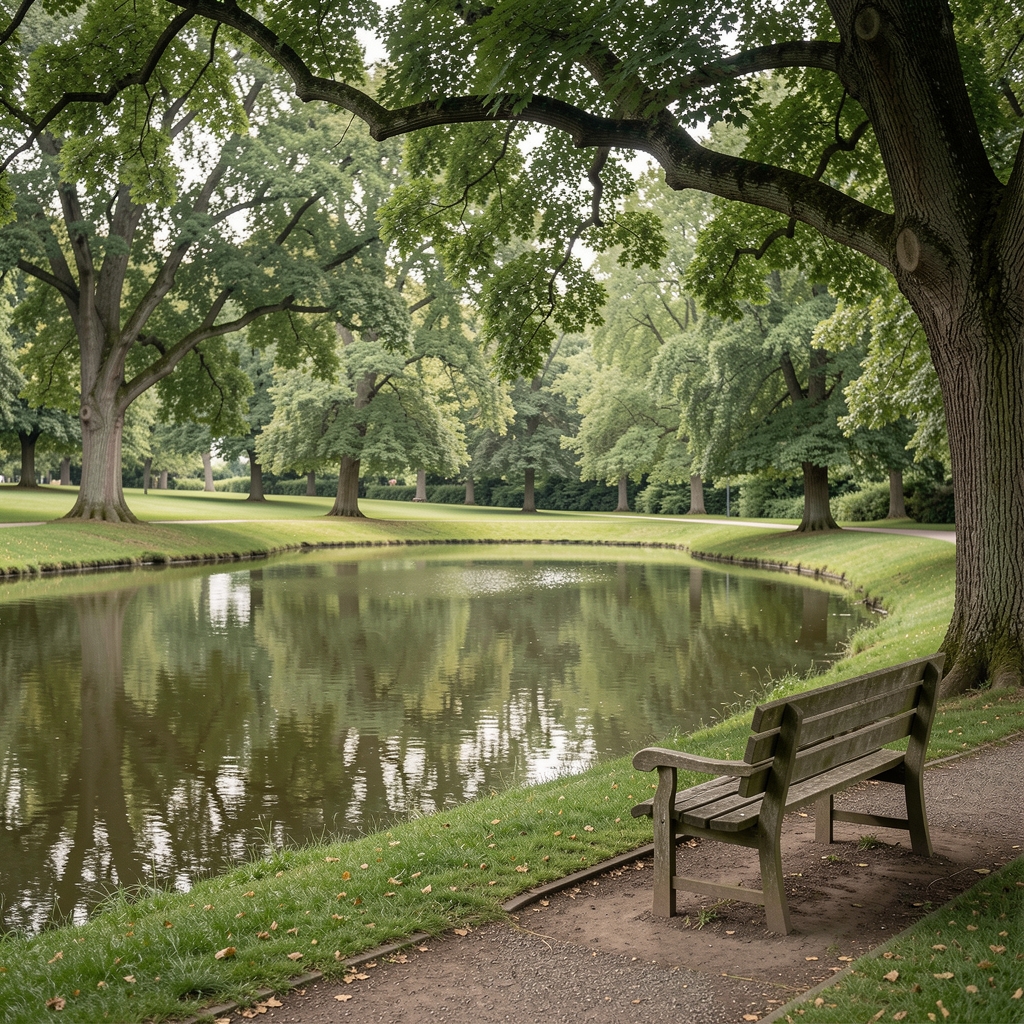 Tranquil park bench beside a calm reflective pond surrounded by mature trees in soft diffused daylight, evoking quiet approachability and openness to communication