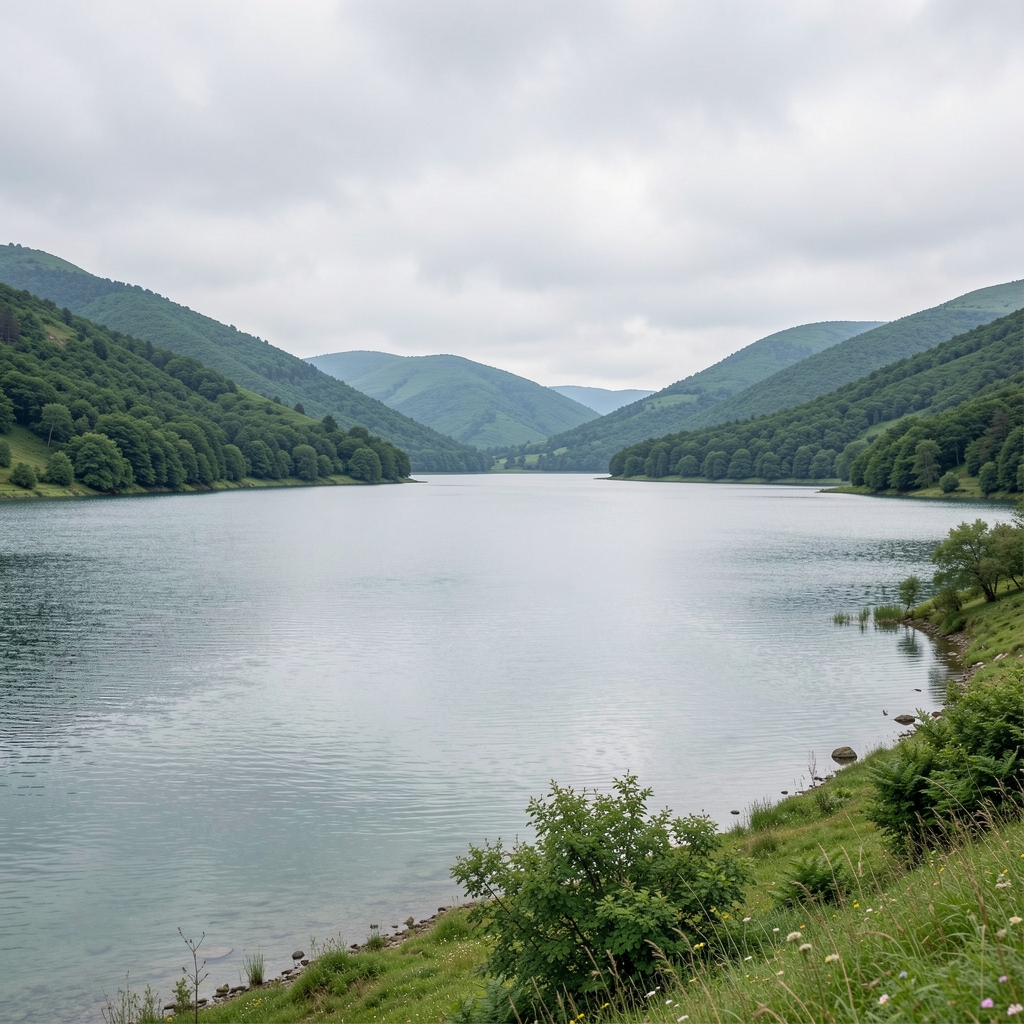Distant view of a calm lake surrounded by green hills in soft overcast light, conveying quiet openness and receptive communication