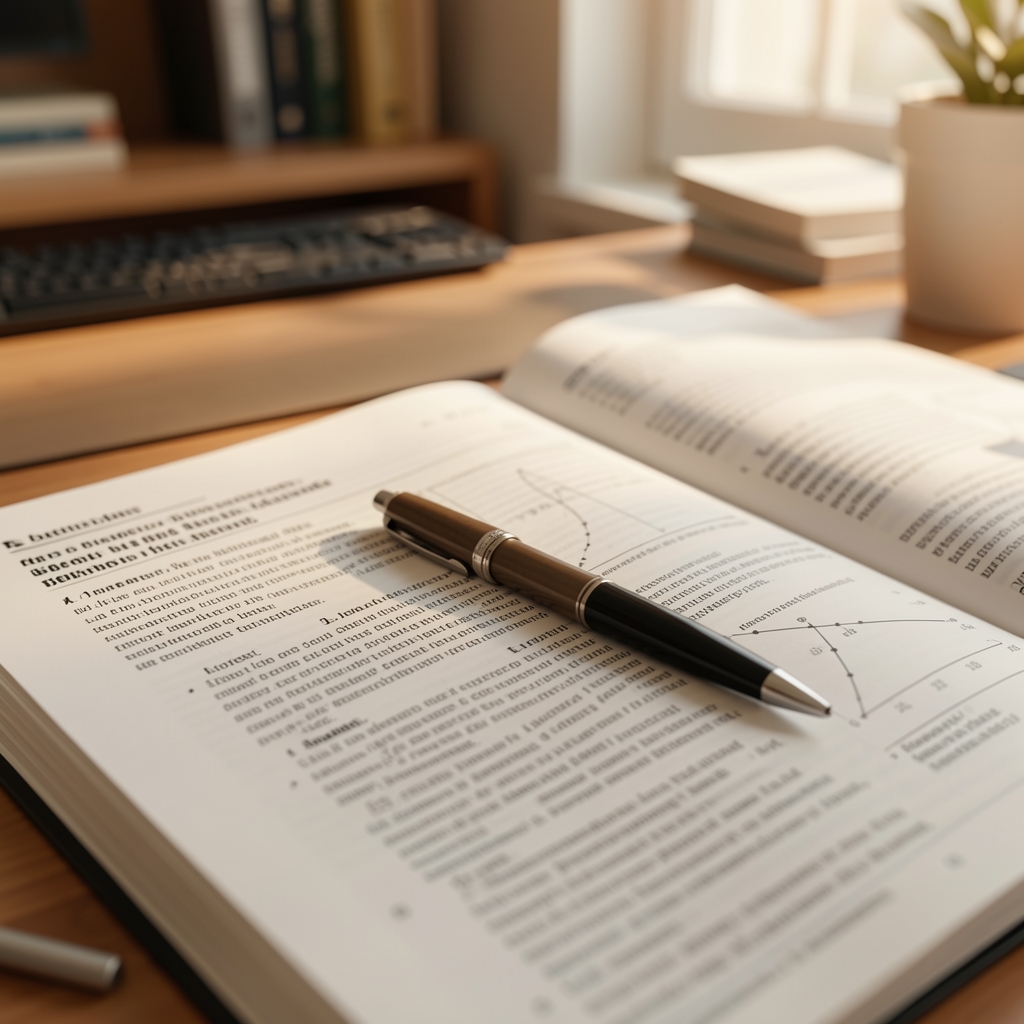 Selective focus on pages of a scientific journal with a pen resting on top, warm office setting suggesting careful reading and analysis