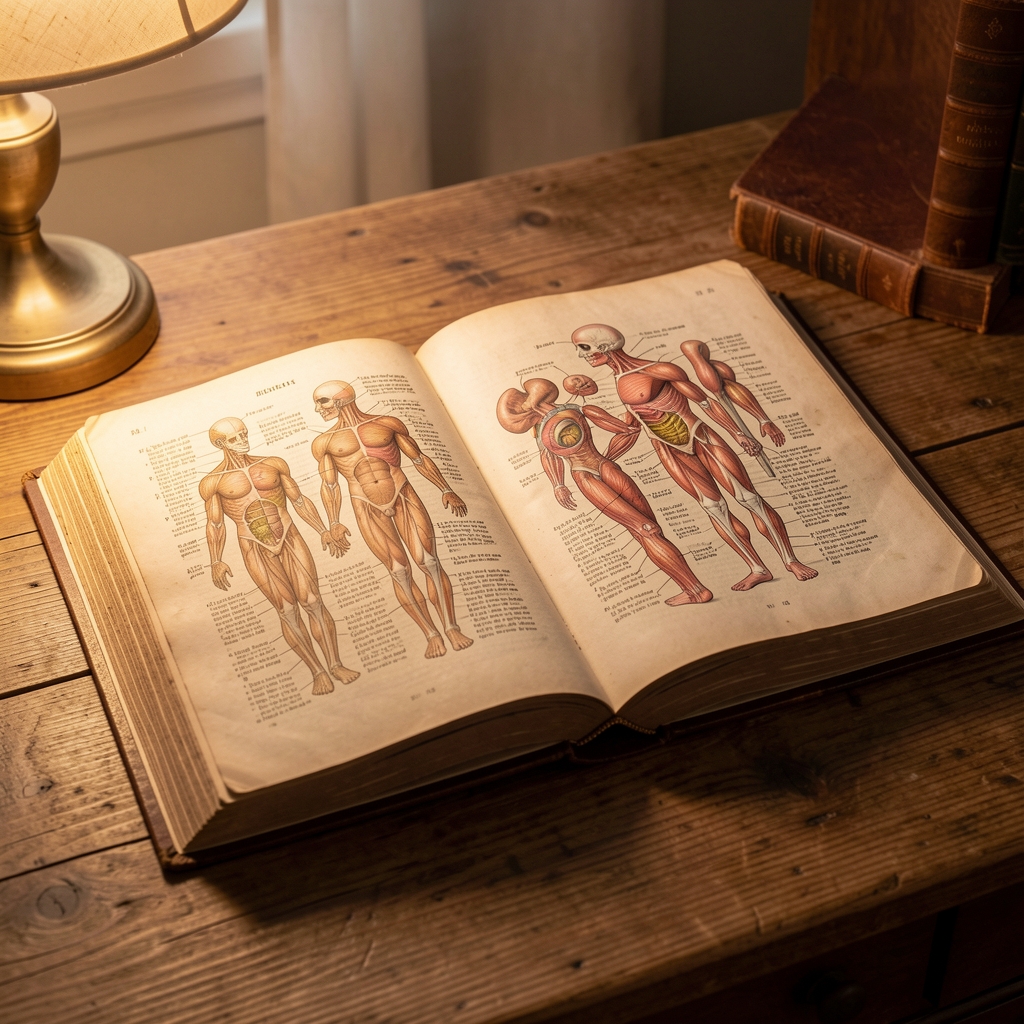 Open vintage anatomy book on a wooden surface with soft warm lamplight, conveying scholarly reference and knowledge
