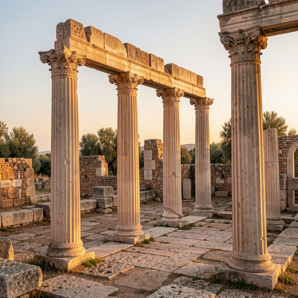 Ancient stone columns in a Mediterranean ruin setting at golden hour, evoking classical history and the long human study of well-being