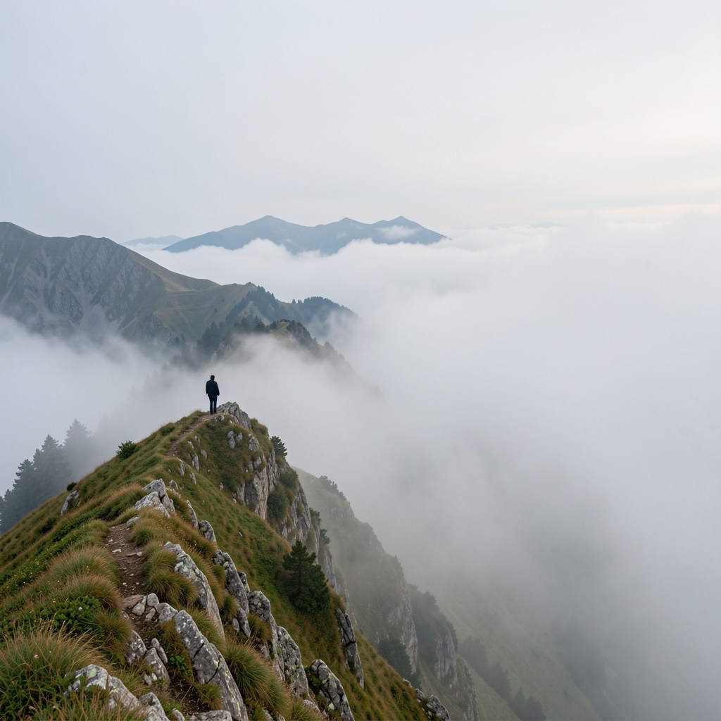 Foggy mountain landscape with a single figure standing on a ridge, looking into the distance, symbolizing clarity emerging from uncertainty